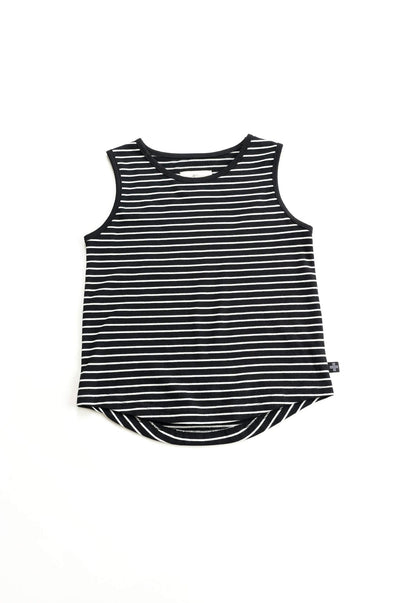Black organic cotton tank top with white stripes.  Designed in Canada for capsule wardrobes.