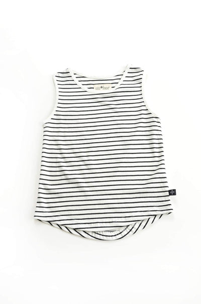 White tank with black stripes.  Made from 100% organic cotton.  Designed in Canada for capsule wardrobes.